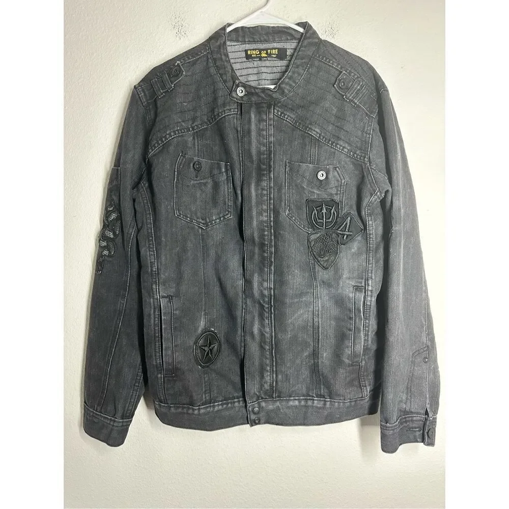 Ring of Fire Men's Black Zip Denim Jacket Size L